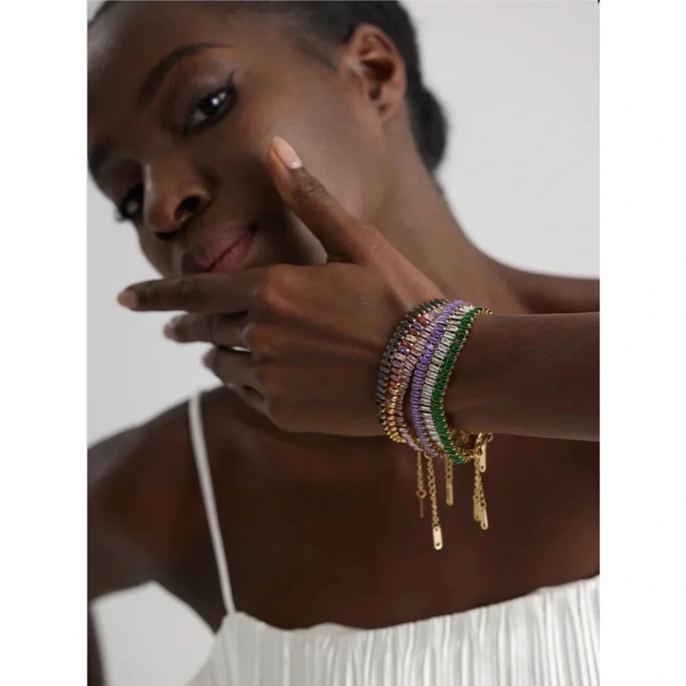 Zara Rainbow Emerald Cut Rectangle Multi-Color Baroque Crystals Bead Bracelet